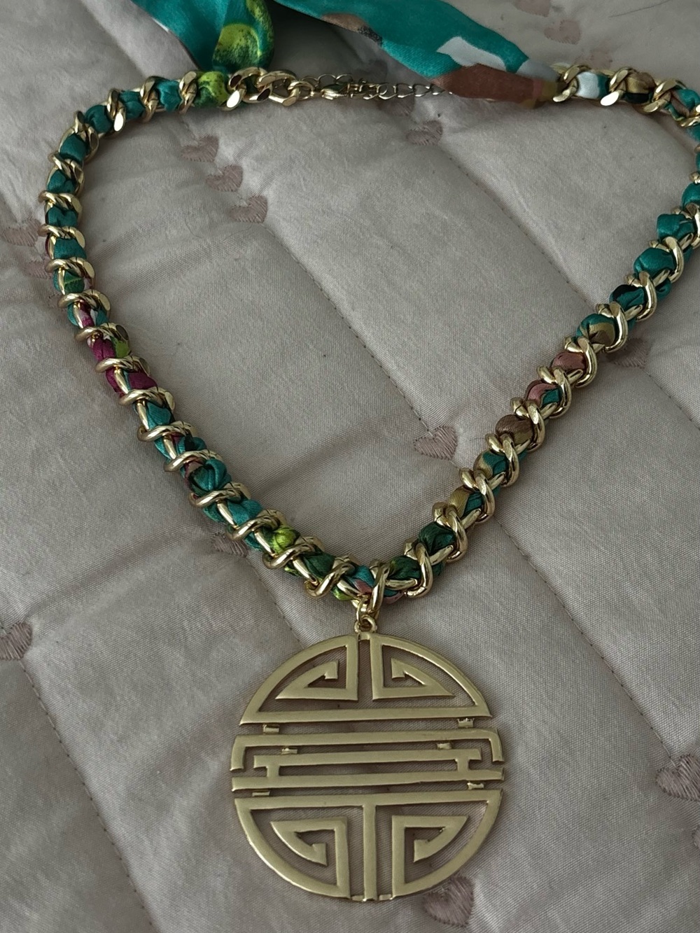 Dillards Gold Pendant Chain Necklace with Teal Multicolor Fabric Weave